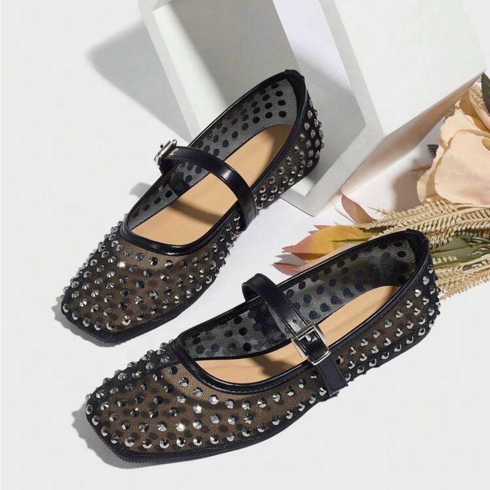 rhinestone Mesh Black Mary Jane Flats - Picture 2 of 4